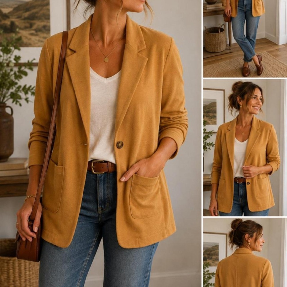 Garnet Hill Knit Relaxed Boyfriend Blazer Soft Mustard Camel QuietFall  Luxury